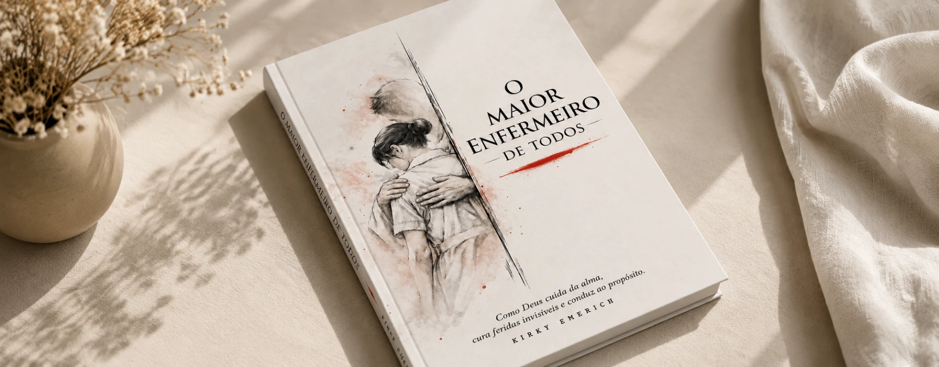 Exemplar do livro O Maior Enfermeiro de Todos sobre tecido claro